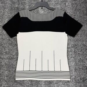 Notations Petite Women's Sz PS Black White Striped Knit Career Top Short Sleeve